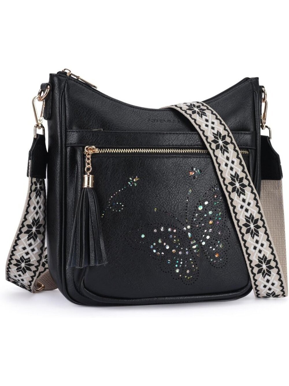 Women's Black Leather Stylish Butterfly Shoulder Crossbody Handbags with Tassel